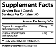 Organic Ashwagandha - 650mg (Added Black Pepper)